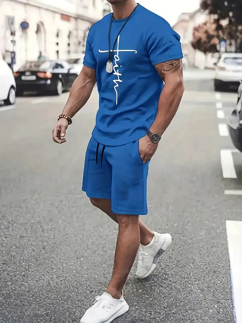 Casual sports suit round neck short sleeve 3D digital print two-piece set polyester fibre summer