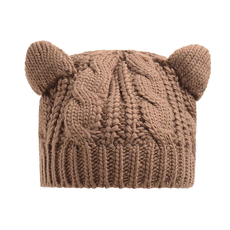 Handmade wool knitted beanie with 3D cat ears in multiple colour options