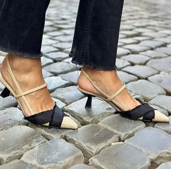 Women's apricot black colour block stiletto heel sandals with pointed toe and buckle fastening.