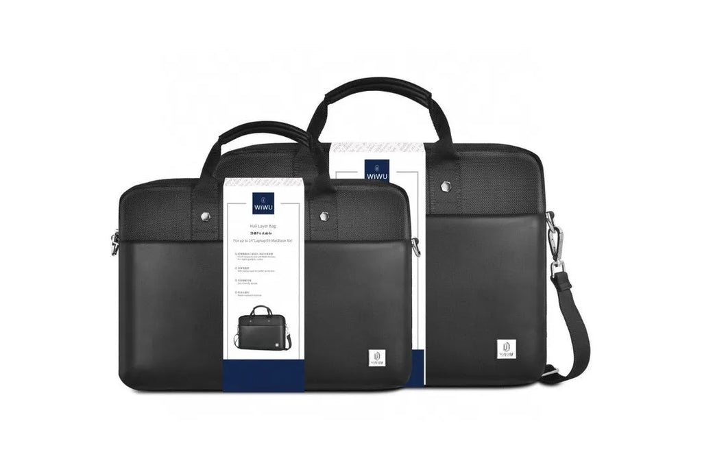 Black Oxford cloth multi-pocket laptop handbag showing separate internal layers and an integrated lock.