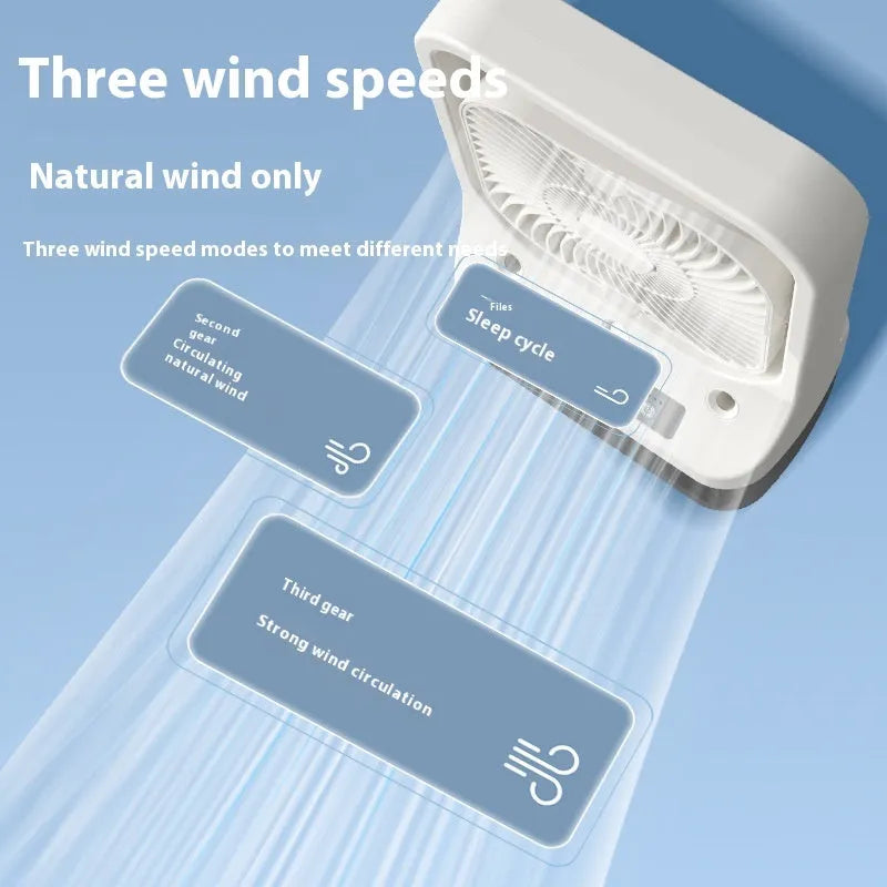 White USB rechargeable air cooler fan with water tank and adjustable head on table