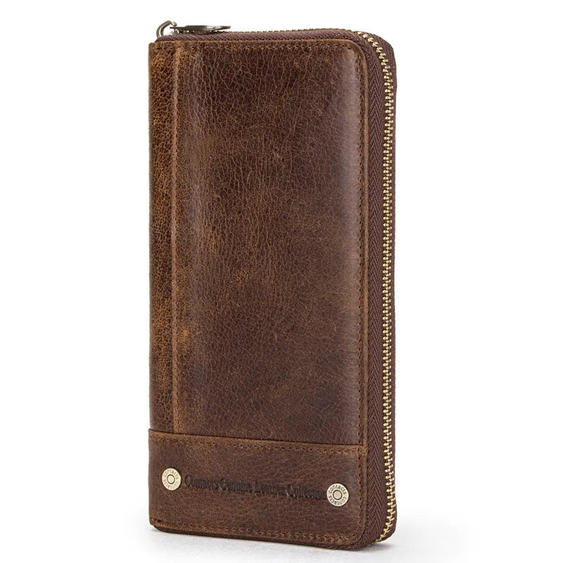 Brown genuine cowhide leather men's long wallet with zipper closure showing anti-theft card compartments