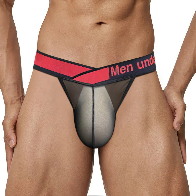 Men's transparent ice silk breathable underwear in black, red, or white with large V gradient high fork design