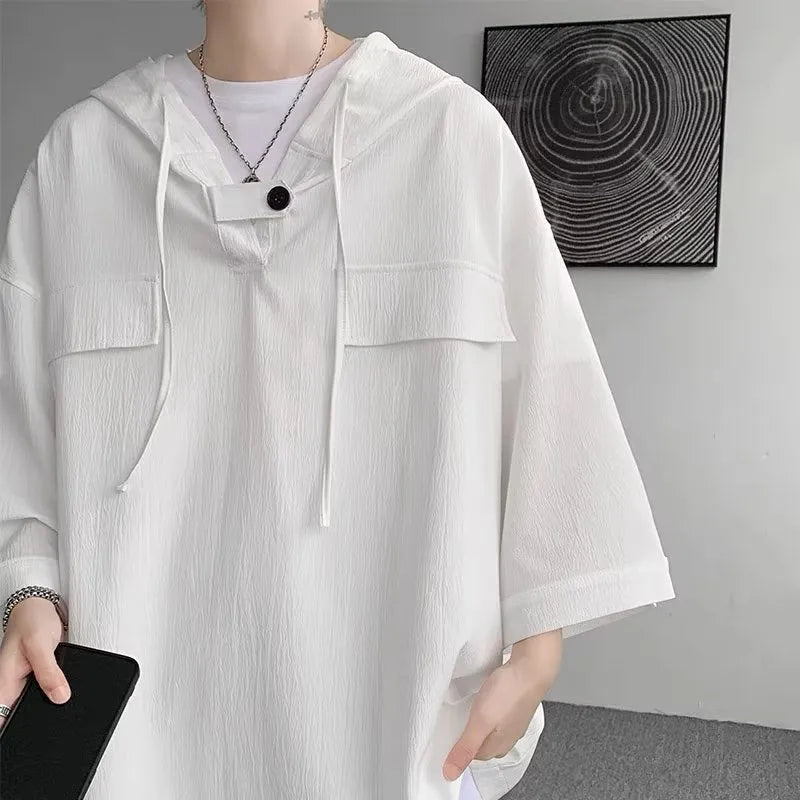 Men's loose fit hooded short sleeve t-shirt in polyester for summer casual wear