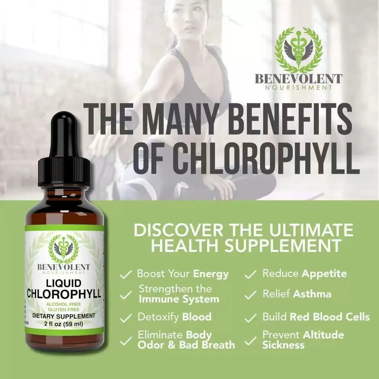 60ml bottle of natural spearmint flavoured liquid chlorophyll drops with dropper for adult supplementation