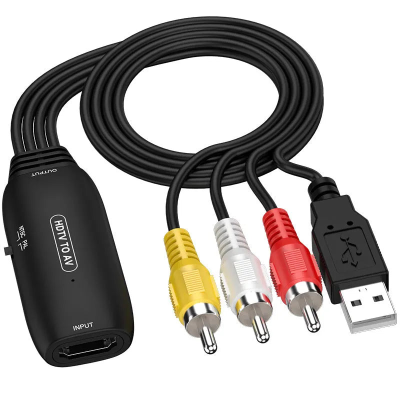 HDMI to AV converter cable with 110cm length showing HDMI connector and AV output options