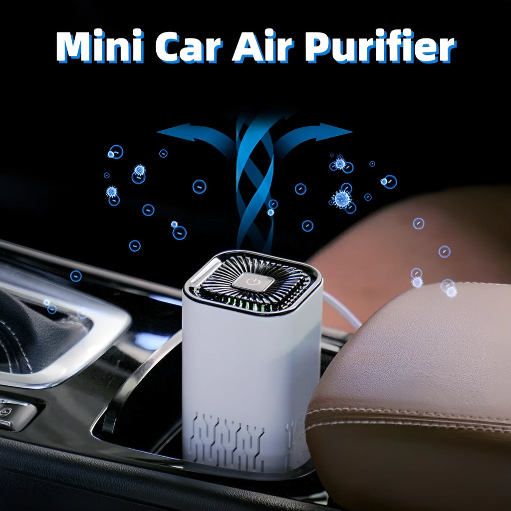 Portable car air purifier with double air inlets, black colour, 60x60x130mm size