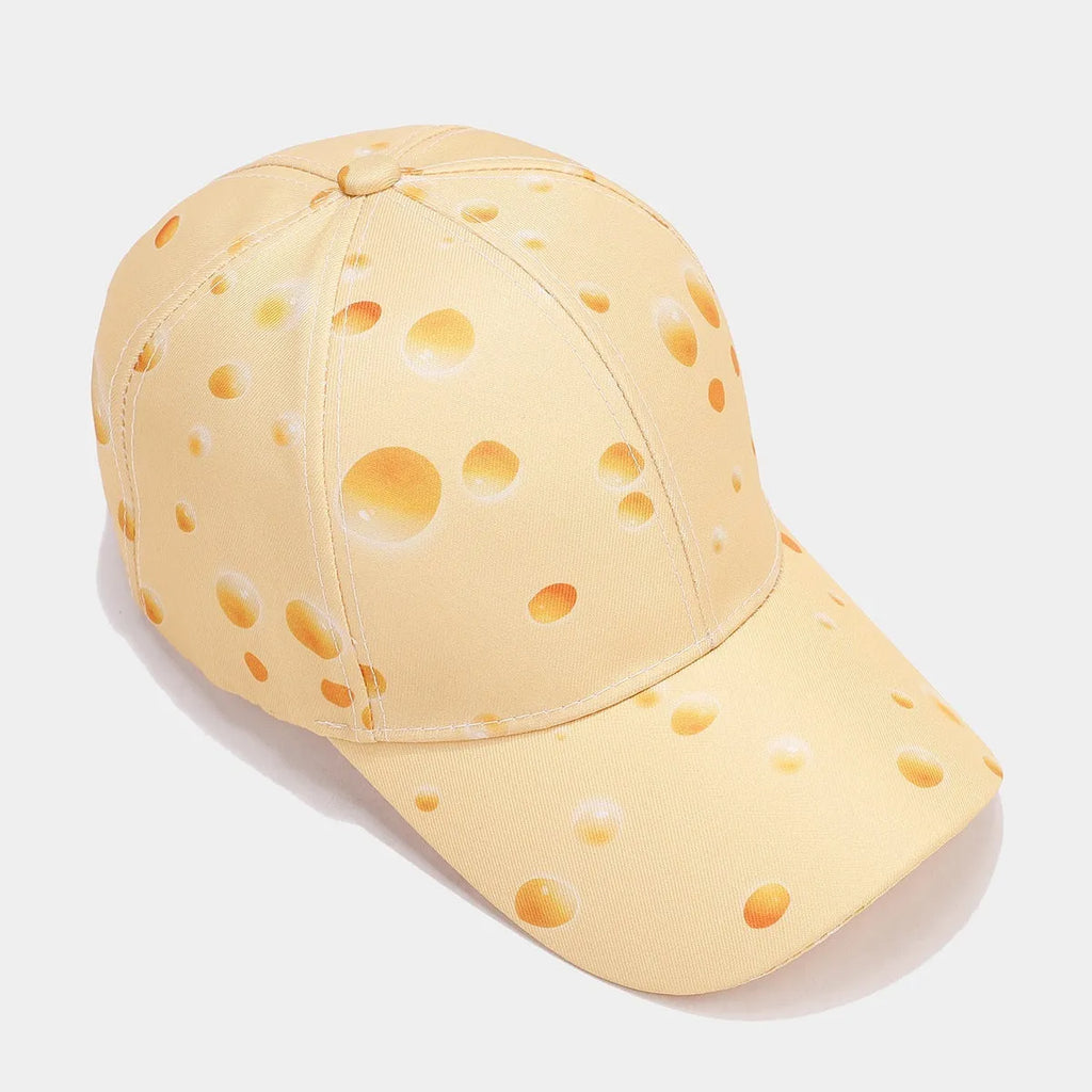 Cheese pattern printed adjustable peaked cap with dome crown style