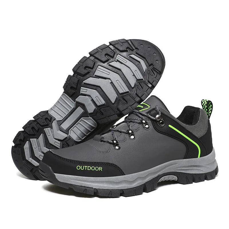 Men's black hiking shoes with synthetic leather upper and non-slip TPR outsole on outdoor trail