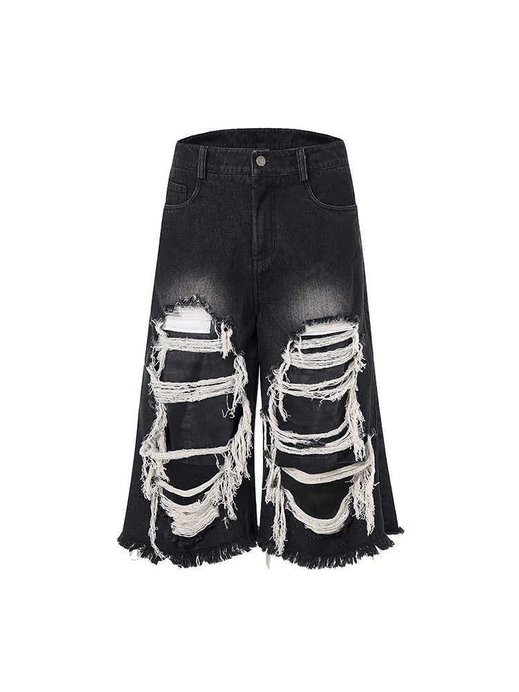 Cropped wide leg jeans mid-high waist black cotton denim ripped patch loose fit