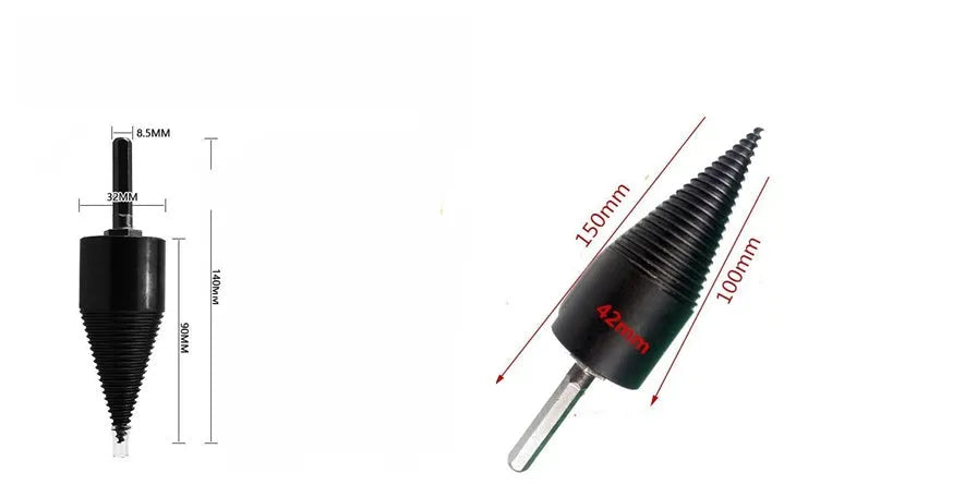 Hexagonal wood splitting drill bit attachment for electric drills in 32mm and 42mm sizes