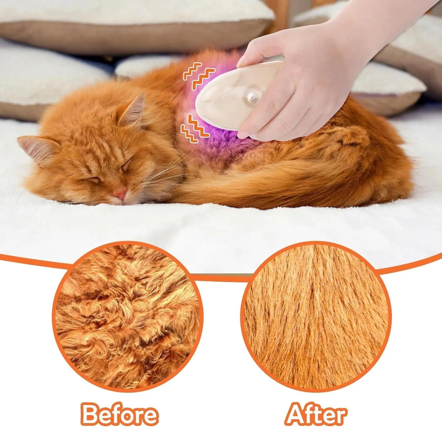 Yellow 4-in-1 cat steam brush with silicone bristles, water tank, and ringworm detector lamp.