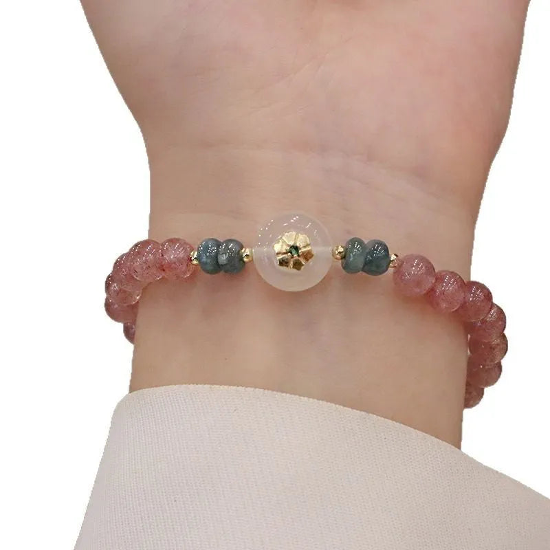 Strawberry quartz and blue water emerald bracelet with geometric diamond shapes and traditional Chinese design elements
