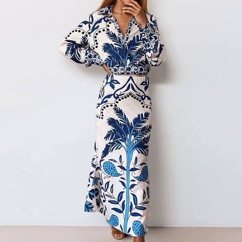 Women's casual two-piece fashion set with long sleeve top and ankle-length skirt in picture colour