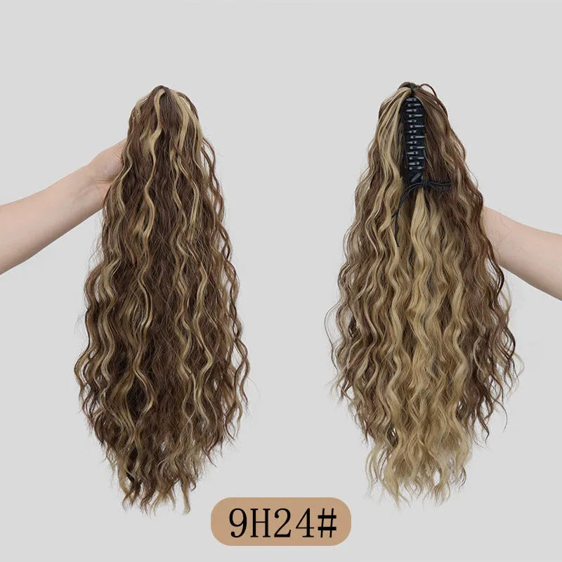 Corn curler wig with water ripple grip ponytail in synthetic high temperature fibre, shown in colour 1B.