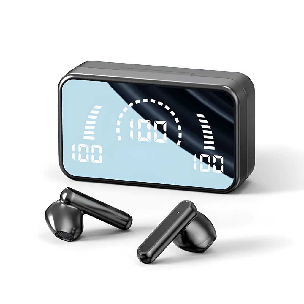 S20 black wireless Bluetooth earphones with LED display and in-ear fit