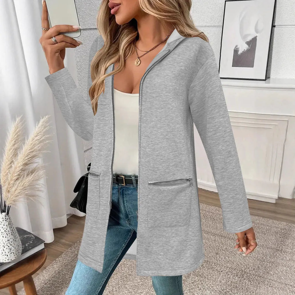 Women's loose fit mid-length cardigan coat in polyester fabric