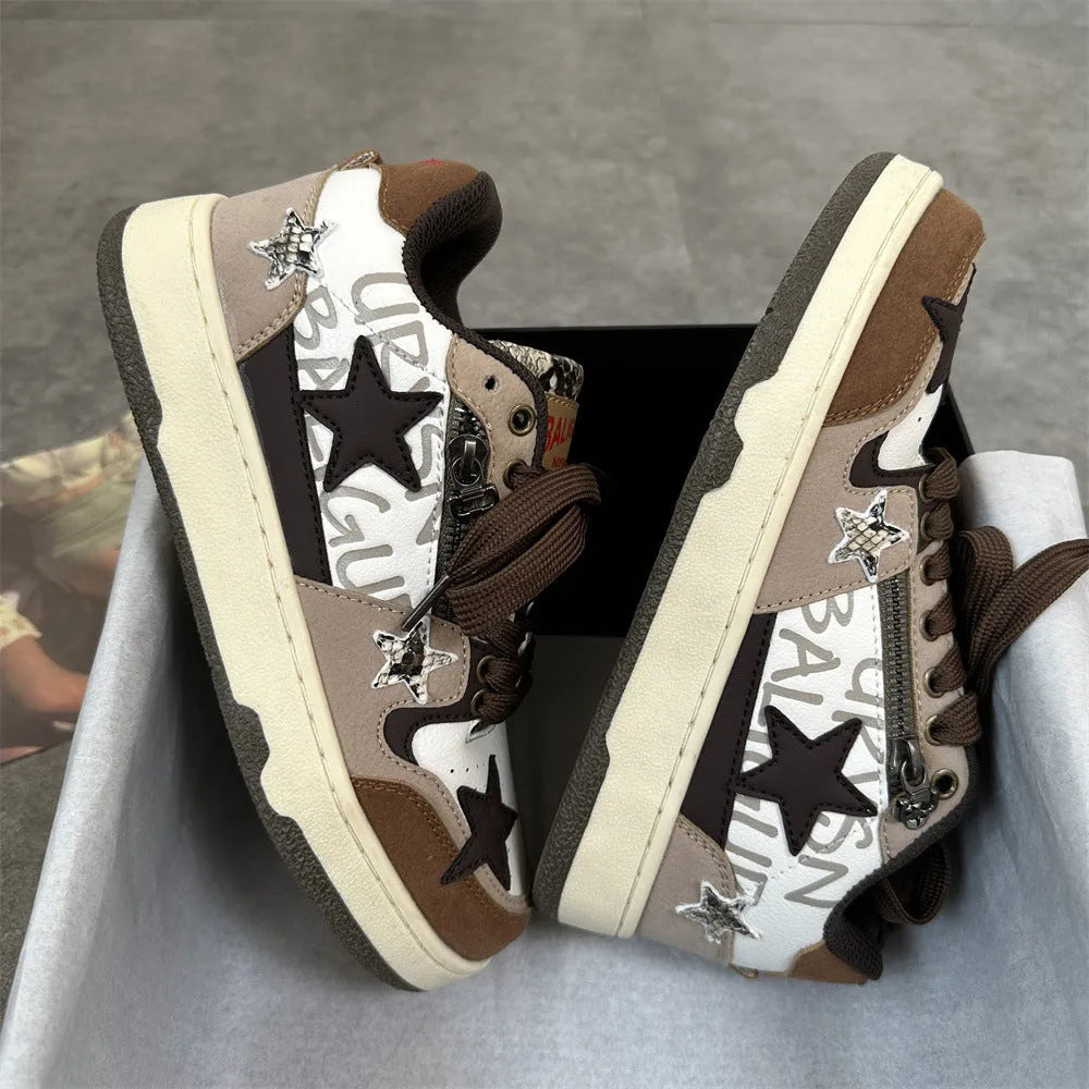 Brown candy colour low-top sneakers for women with artificial PU upper and rubber sole, round toe, lace-up closure