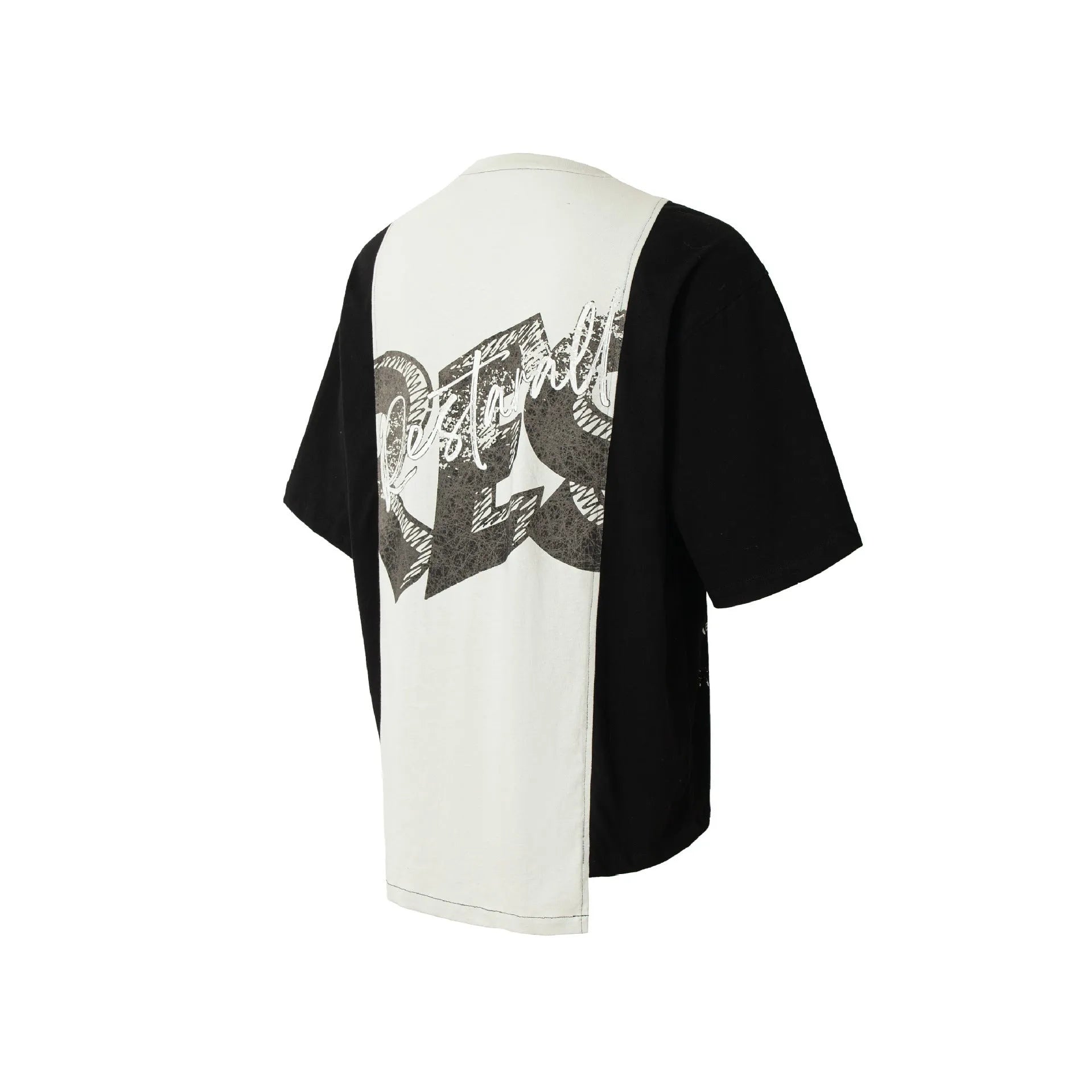 Men's loose fit black and white deconstruction print cotton blend t-shirt on hanger.