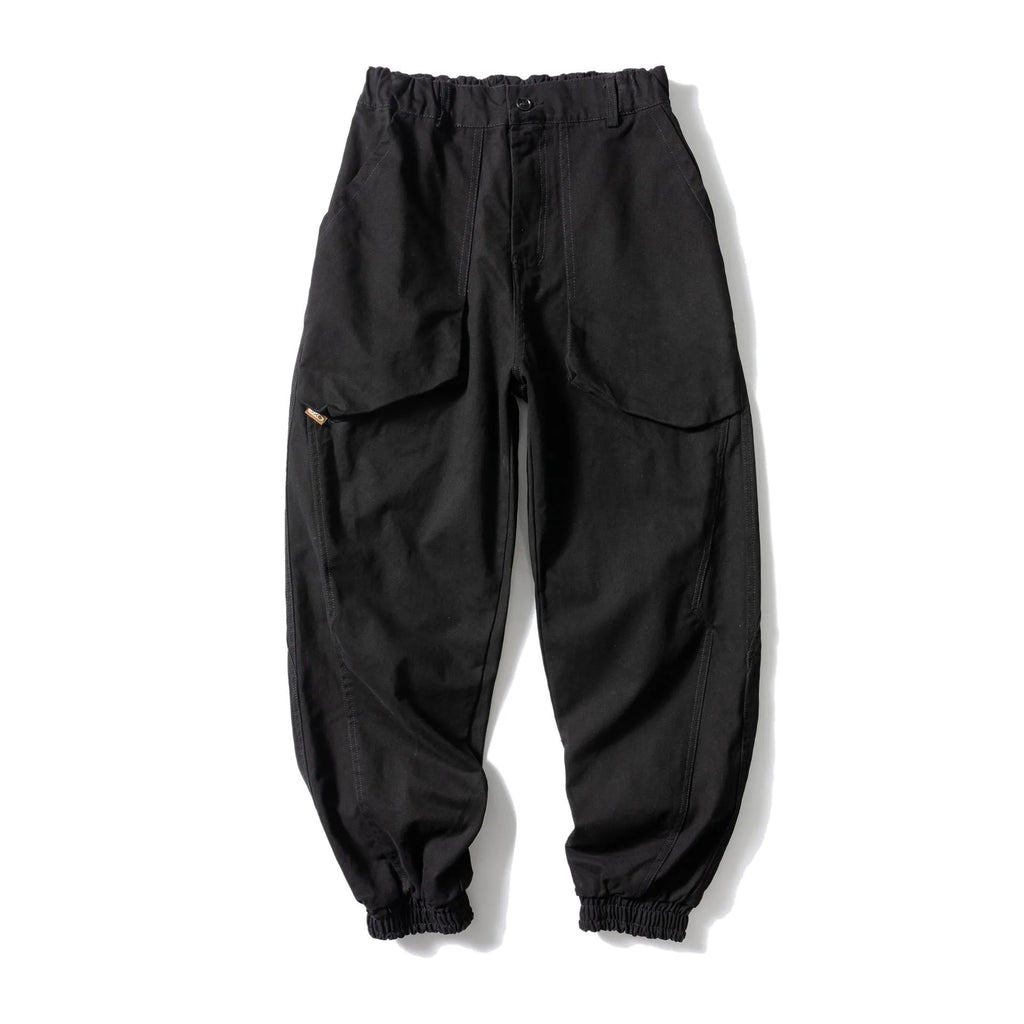 Cotton tapered casual pants with large pockets in Japanese retro style with ankle ties