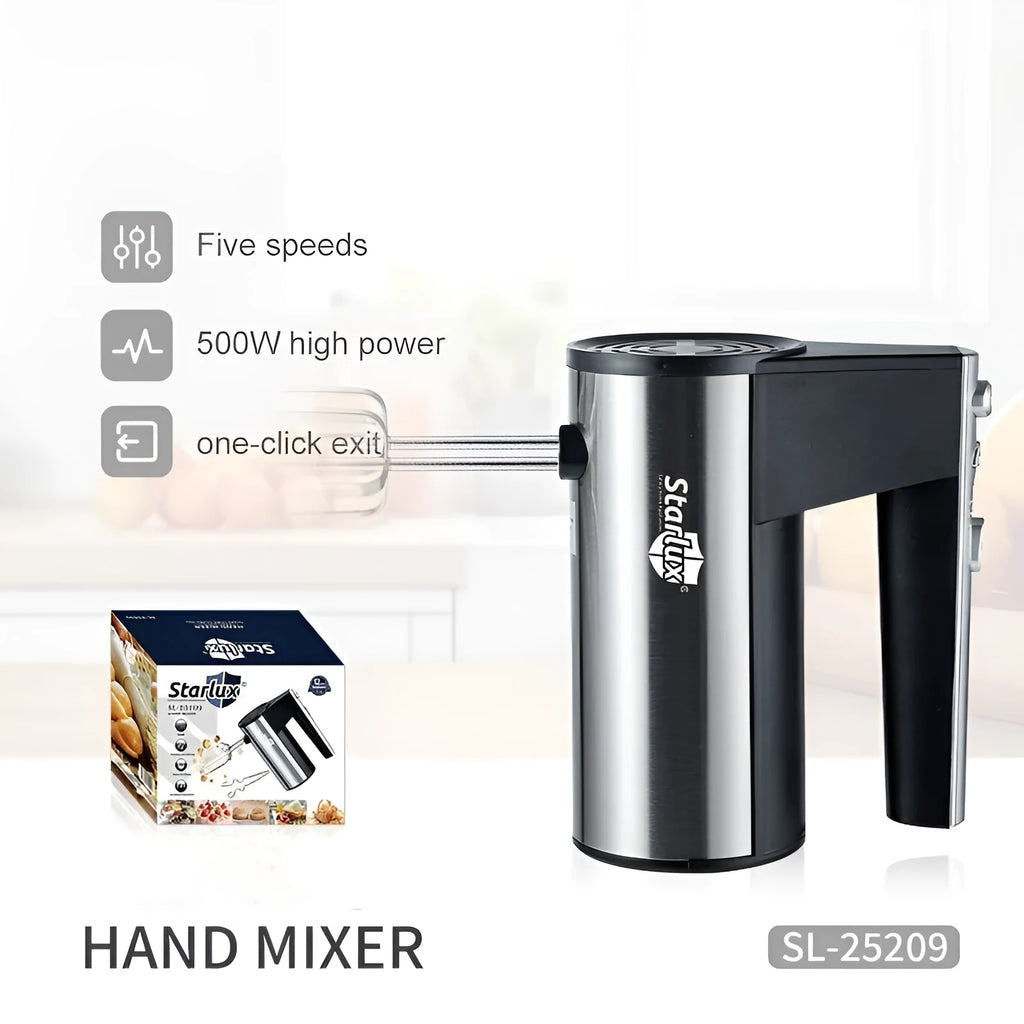 White electric handheld mixer with five-speed control buttons