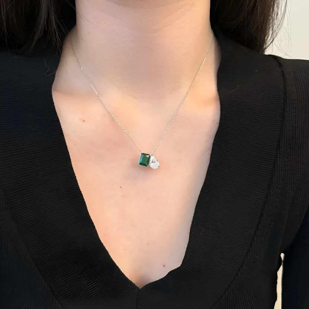 S925 silver double main stone rectangular water drop necklace with platinum finish on O-ring chain