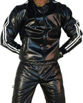 Men's black PU leather hooded sports set with jacket and trousers for autumn athletics