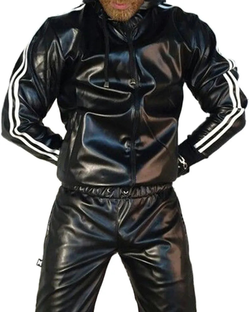Men's black PU leather hooded sports set with jacket and trousers for autumn athletics