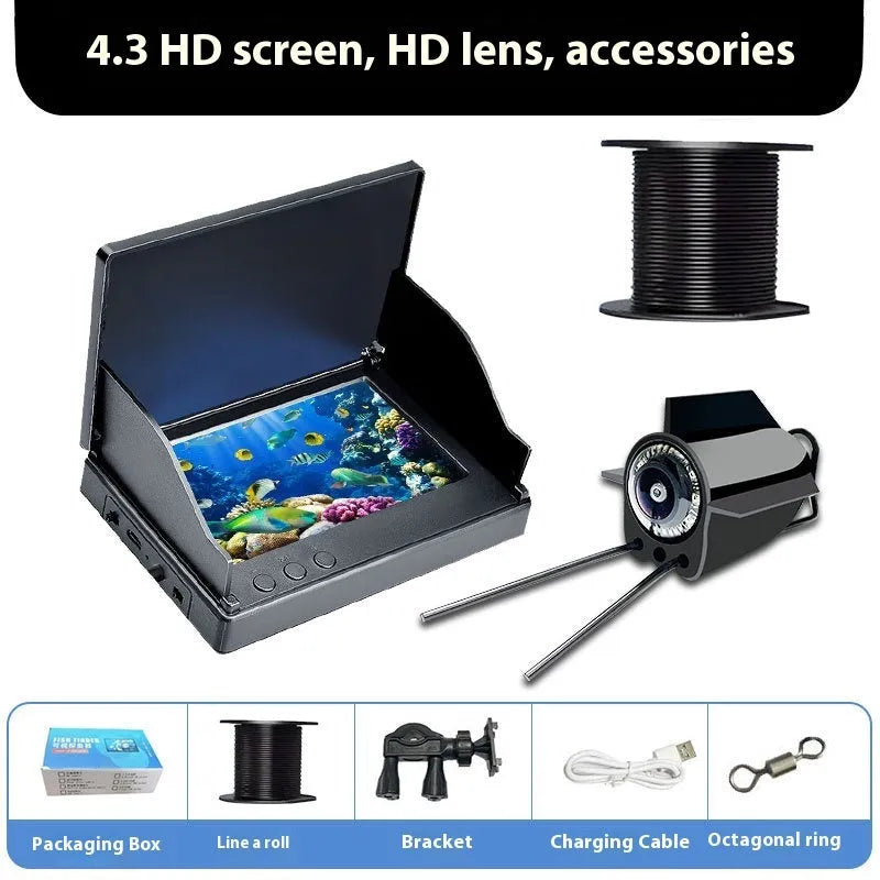 Fish finder underwater HD camera with 4.3-inch screen, temperature sensor, and long video cable.