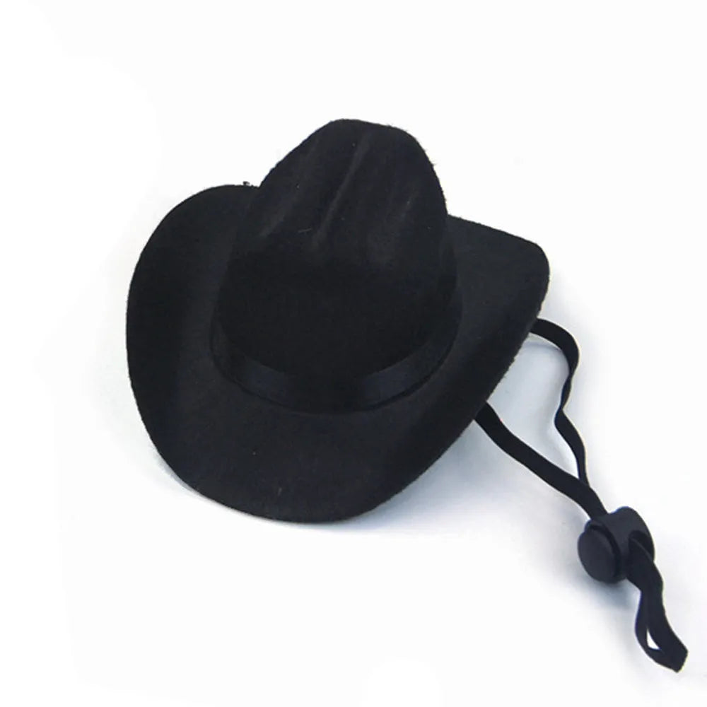 Adjustable dog wearing brown cowboy hat with rounded brim for pet photography