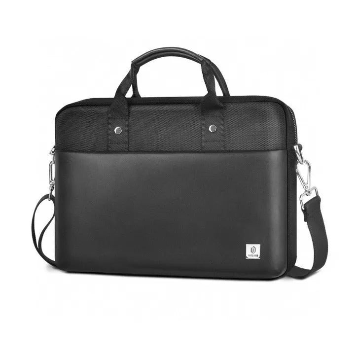 Black Oxford cloth multi-pocket laptop handbag showing separate internal layers and an integrated lock.
