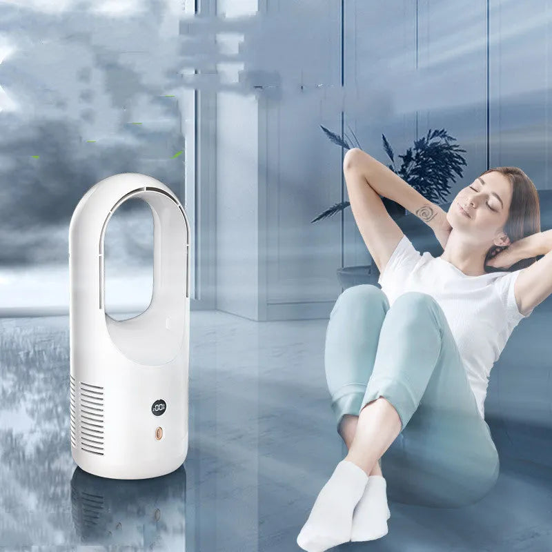 X28 bladeless desk fan showing LED display and 360-degree vent, with USB charging cable.