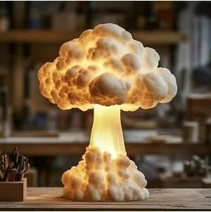 Atomic bomb mushroom cloud shaped modern art table lamp with USB power connection on wooden surface