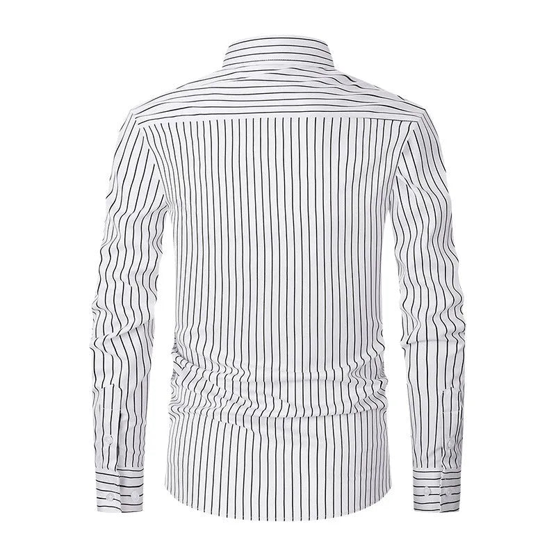 Men's striped ice silk long sleeve business formal shirt in white stripes, slim fit, polyester blend cardigan style