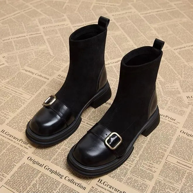 Brown retro British style women's sock boots with block heel and leather splicing detail