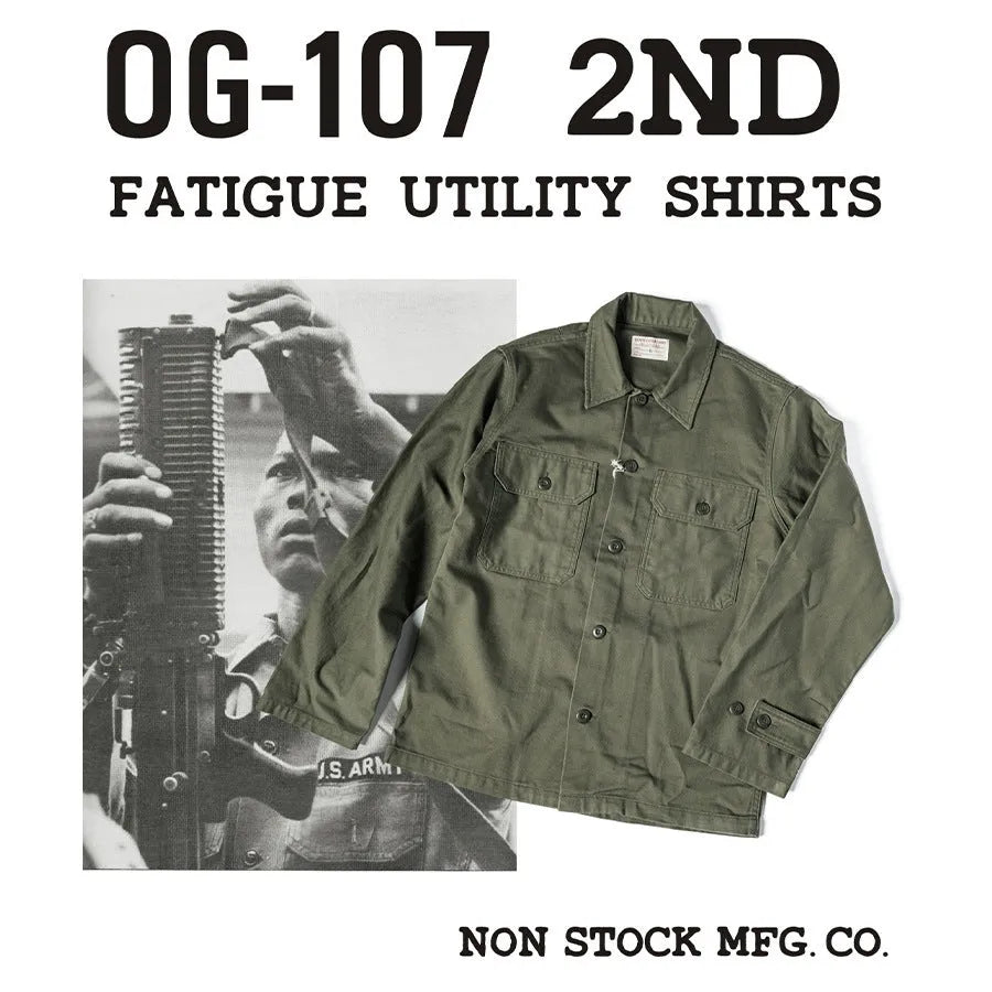 Olive green cotton satin men's work shirt with slim fit cardigan style on a white background