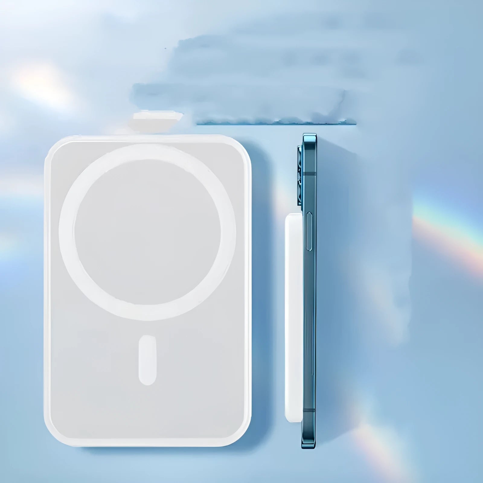 White portable power bank with magnetic wireless charging and 5000mAh capacity