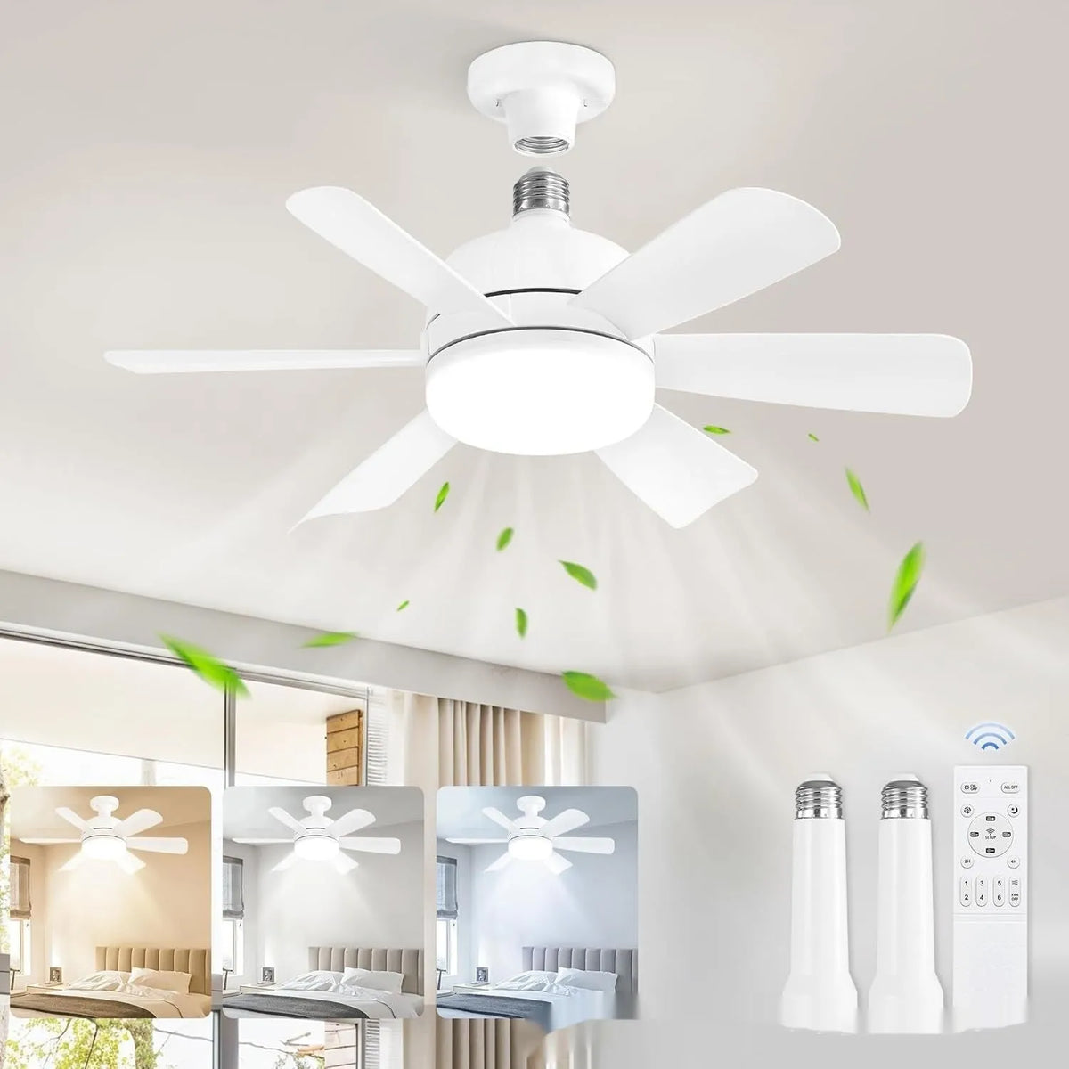 18-inch straight leaf fan lamp with remote control and three colour light options in black