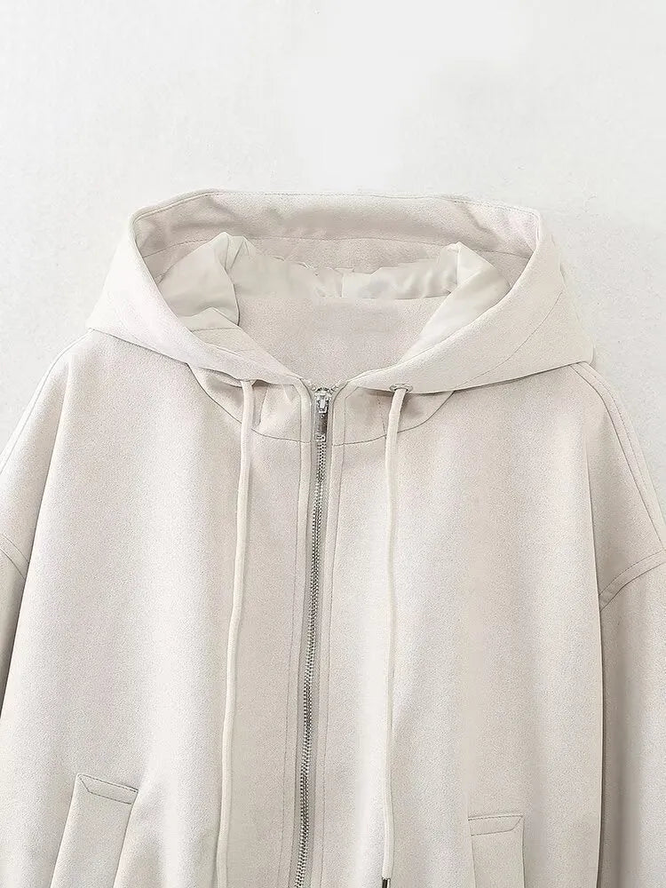 Women's casual suede hooded jacket in black with a zip front closure