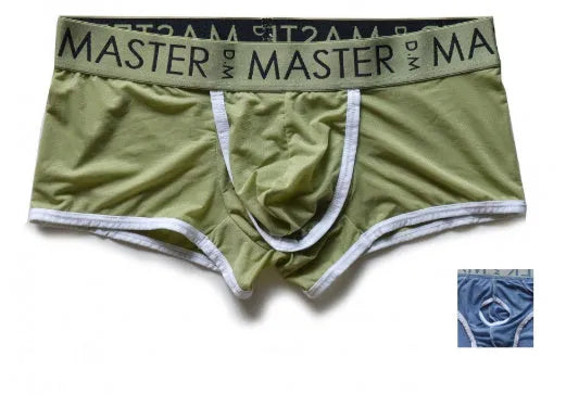 Men's solid colour low-waist ice silk shorts in army green, laid flat.