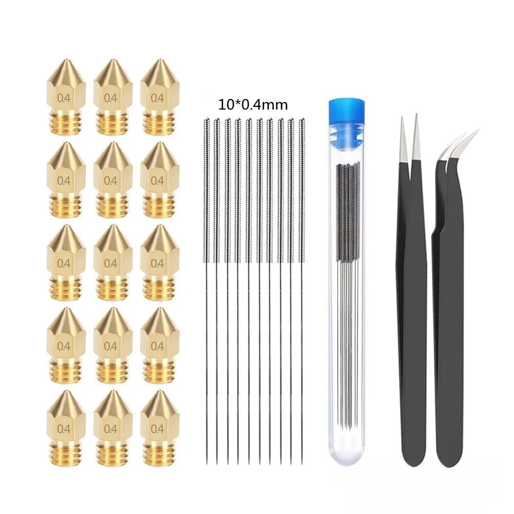 Pointed brass MK8 nozzle with alloy cleaning pin on grey background, 0.4mm aperture