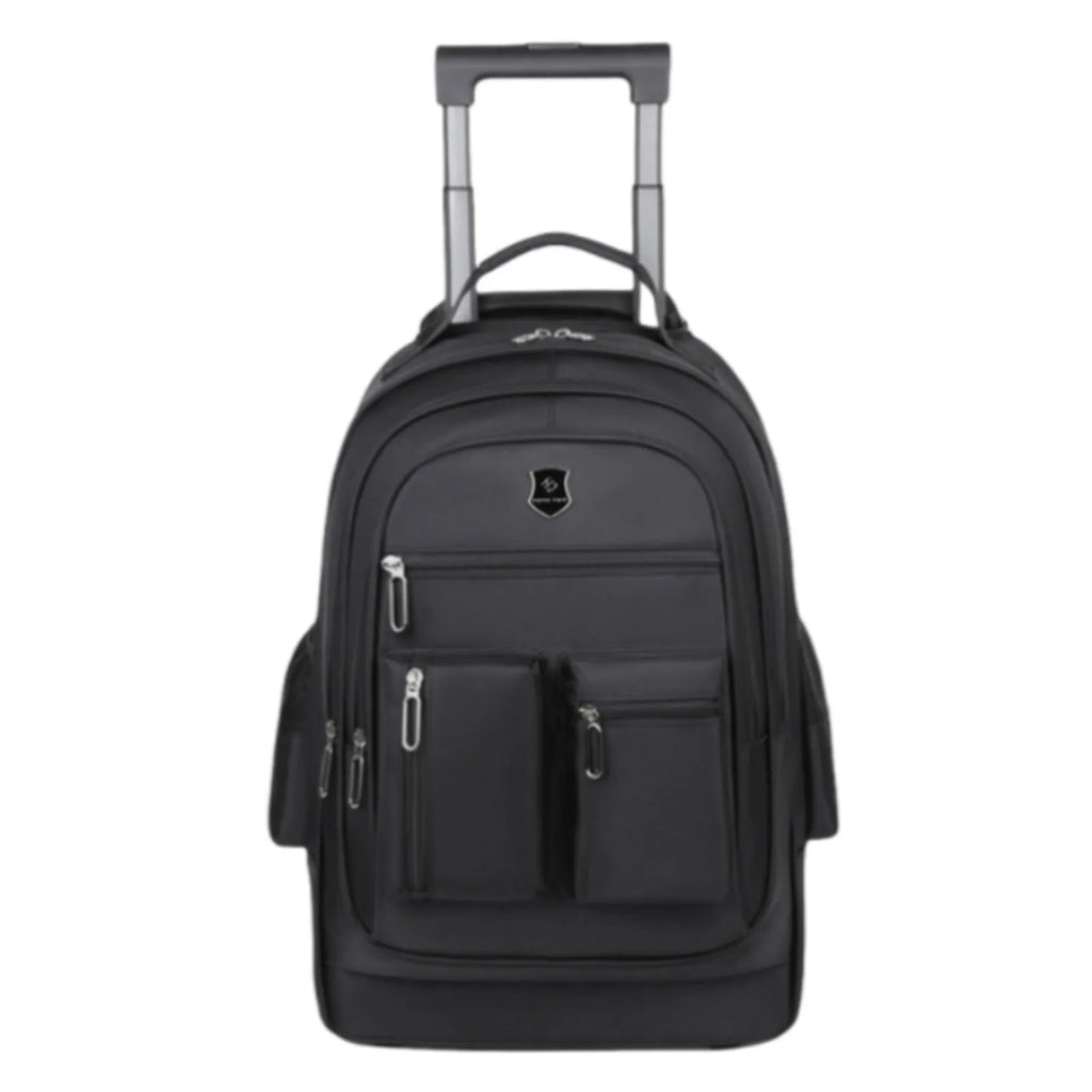 Large capacity multi layer travel backpack with wheels, black colour, standing on a flat surface with telescopic handle extended