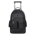 Large capacity multi layer travel backpack with wheels, black colour, standing on a flat surface with telescopic handle extended
