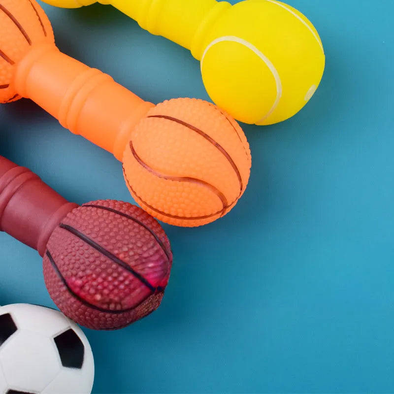 Colourful football and dumbbell shaped PVC squeaky dog chew toy