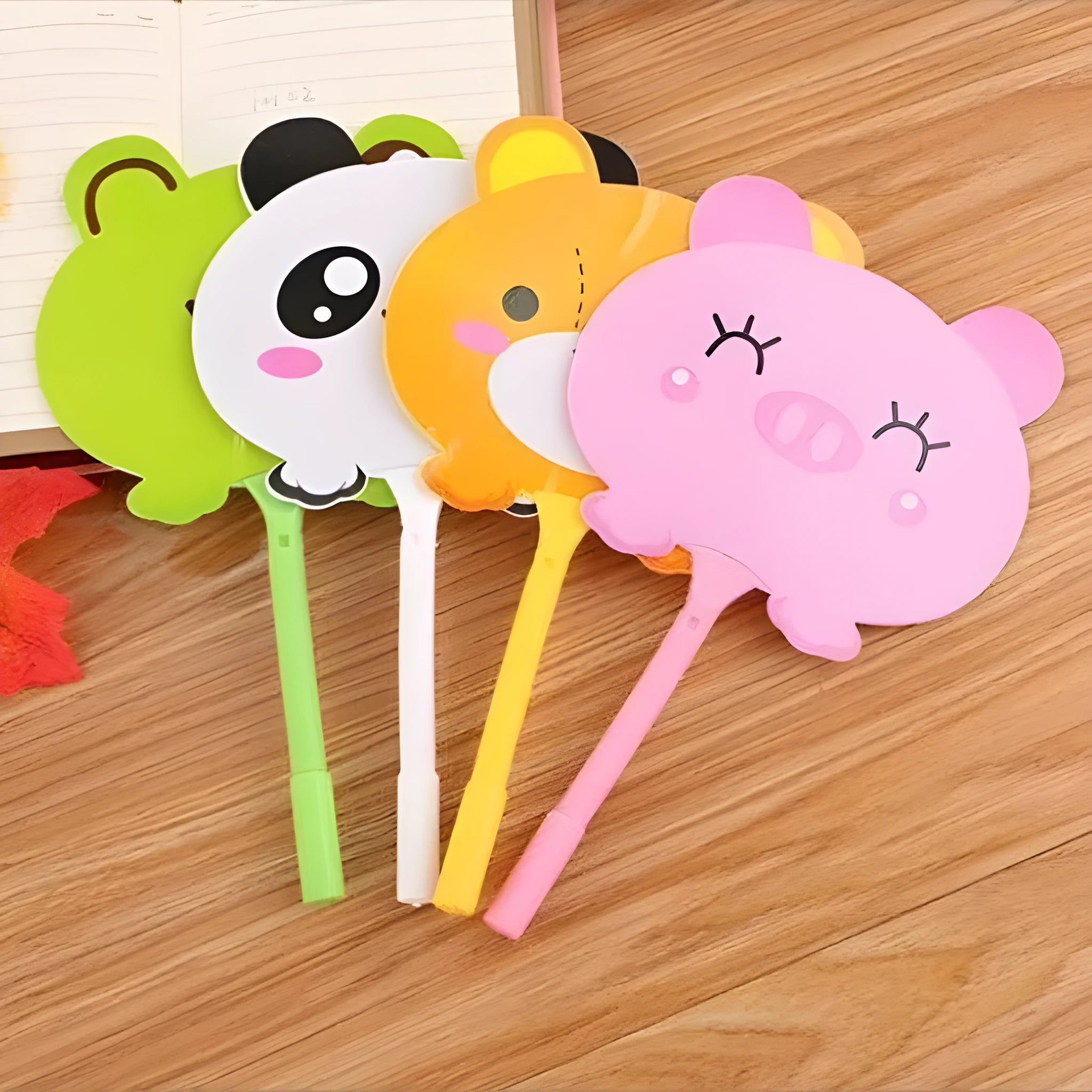 Promotional plastic fan pen with novelty character refills including kitten and unicorn designs