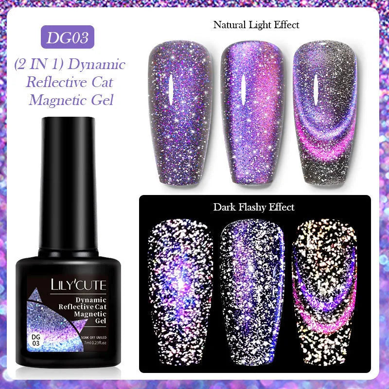 Cat eye nail polish gel with diamond glitter fragments in six colour style options including fluorescent UV brilliant variations