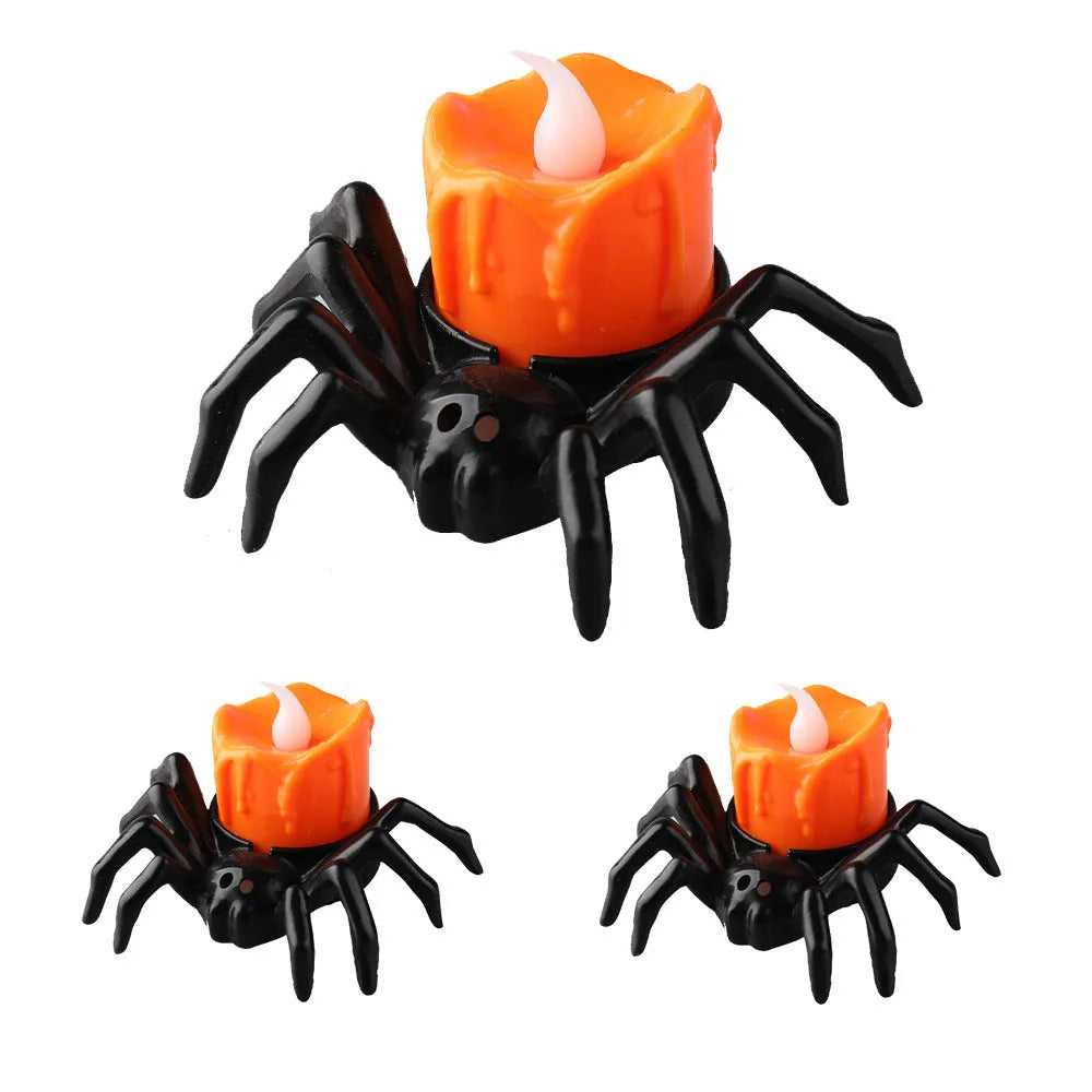 Plastic Halloween spider candlestick ornament measuring 7x8.5x5cm with battery-powered light
