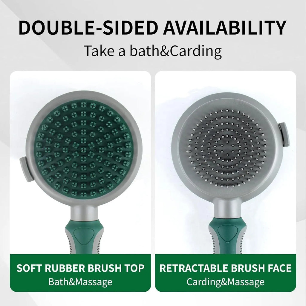 Green two-sided cat brush with retractable slicker and silicone massage pins on plastic handle