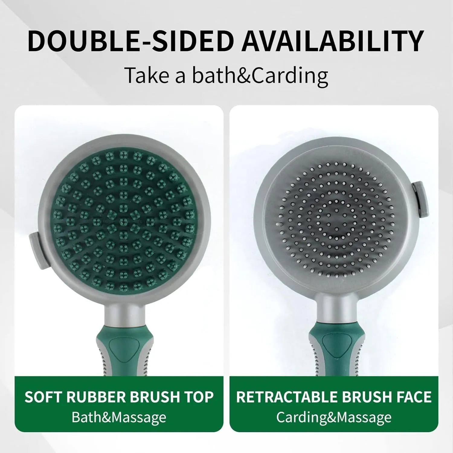 Green two-sided cat brush with retractable slicker and silicone massage pins on plastic handle