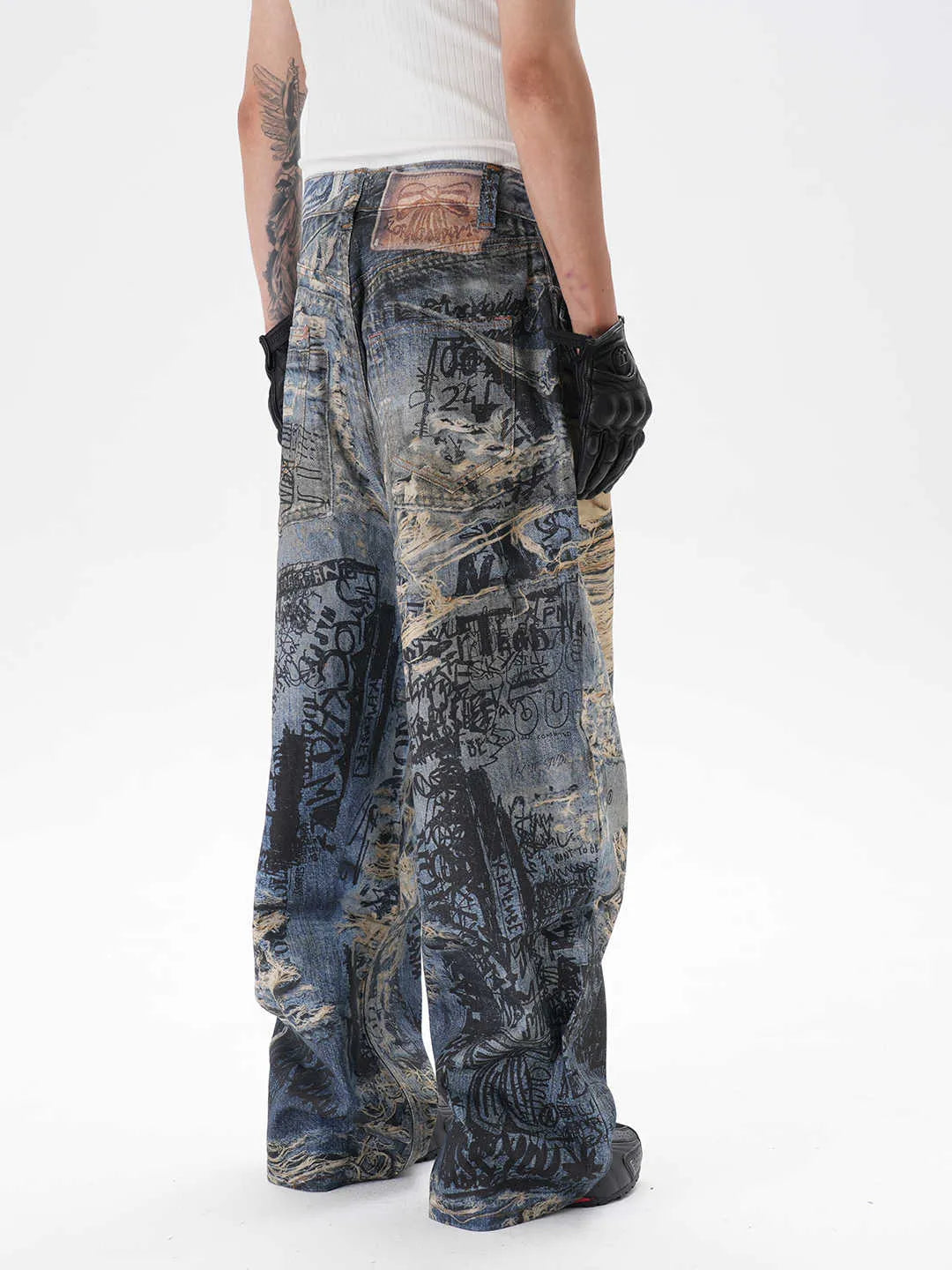 3D digital printed ripped graffiti straight jeans in picture colour, wide leg mid waist denim trousers
